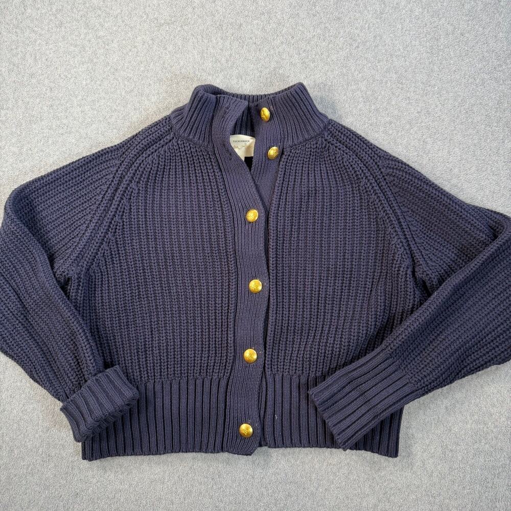Tuckernuck India Hicks Navy Blue Ribbed Knit Gold Button Cardigan Women's Small